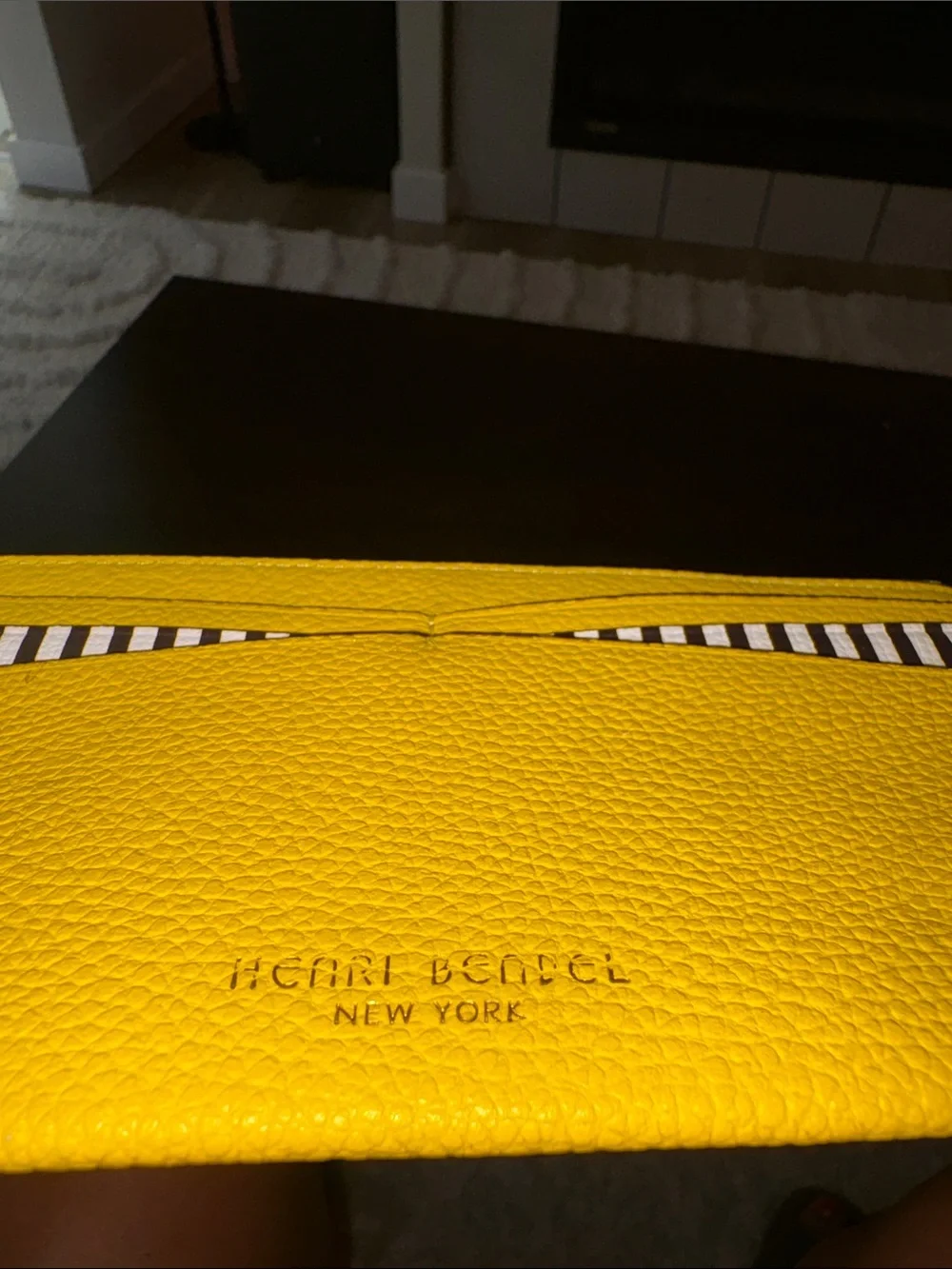 Henri bendel Yellow Leather Card Holder with Black & White Stripe Accent
